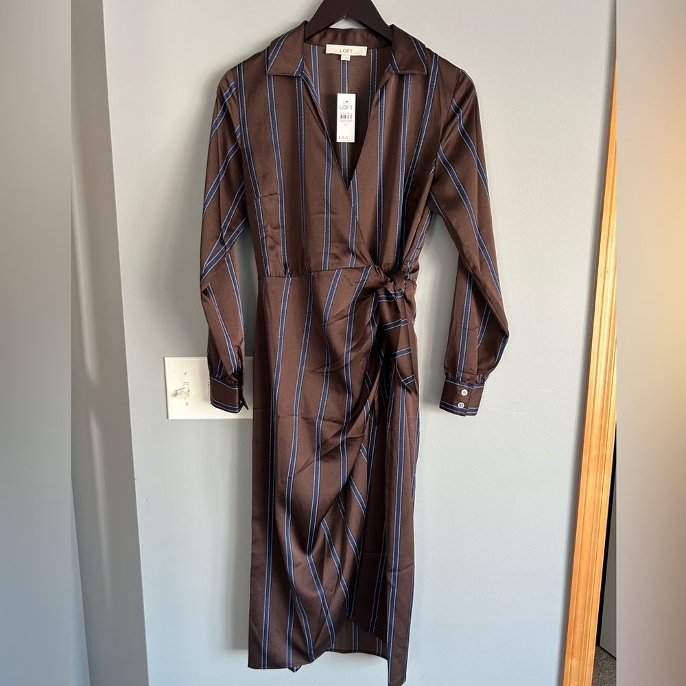 LOFT Brown and Blue Striped Long Sleeve Dress